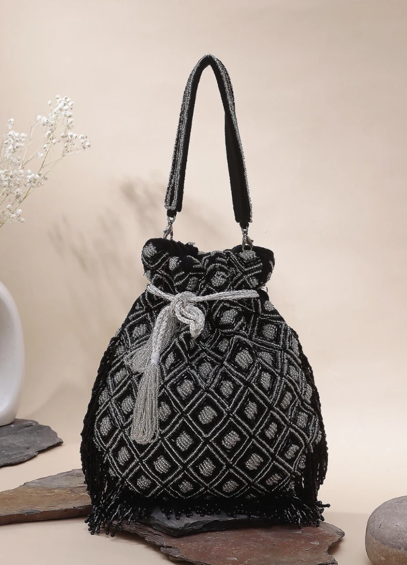White Pearl Embellish on black Potli bag Party Wear