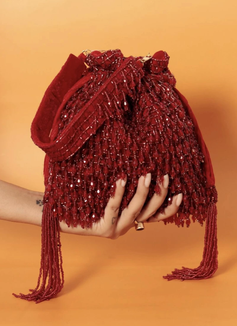 Red Hand Beaded Stone Evening Party Wear Clutch