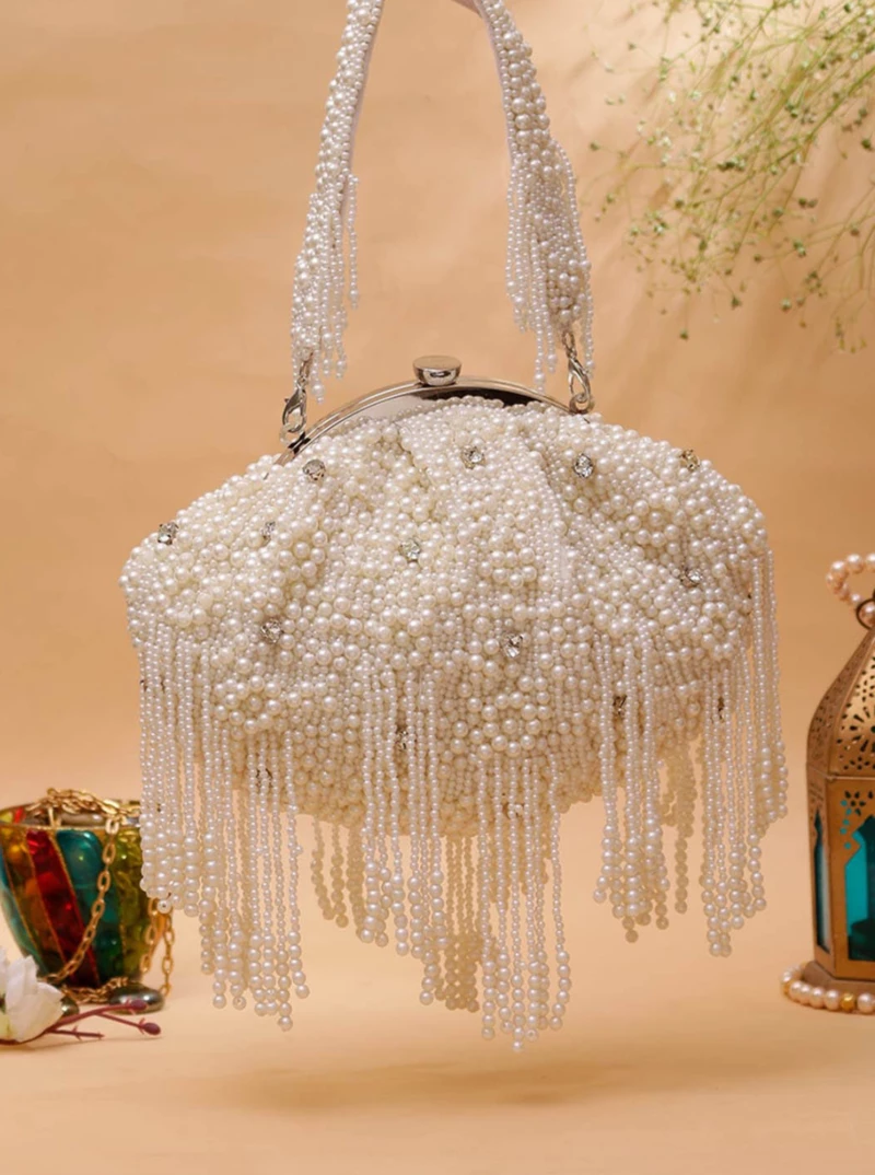 Wedding White Pearl Embedded Bridal Clutch For Party