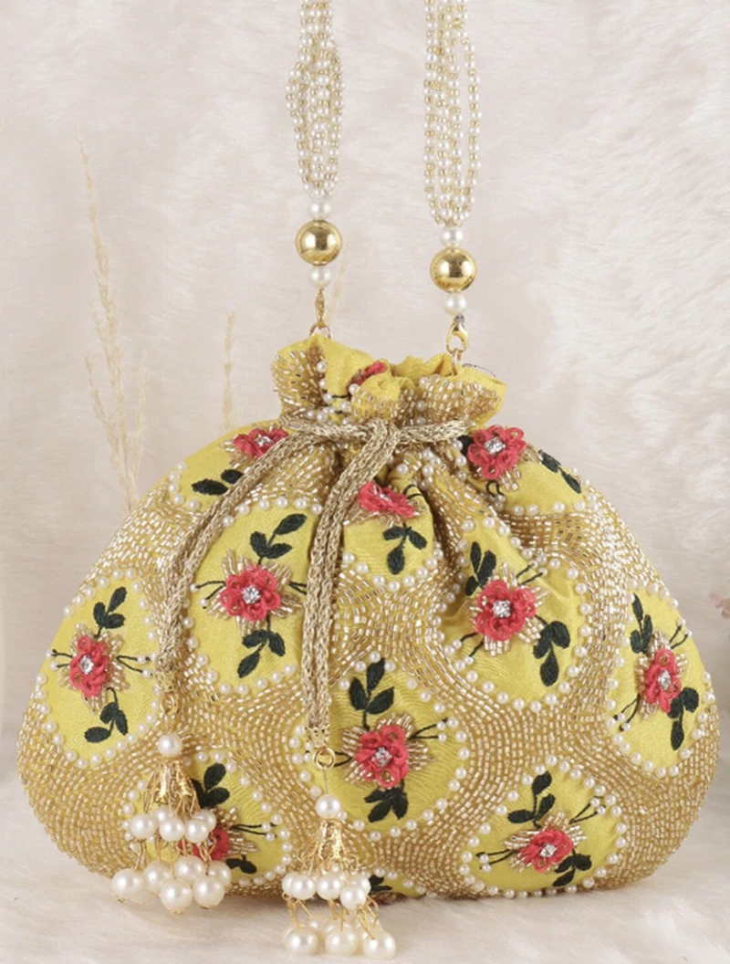 Yellow Handwork Potli Bag for Haldi Mehendi