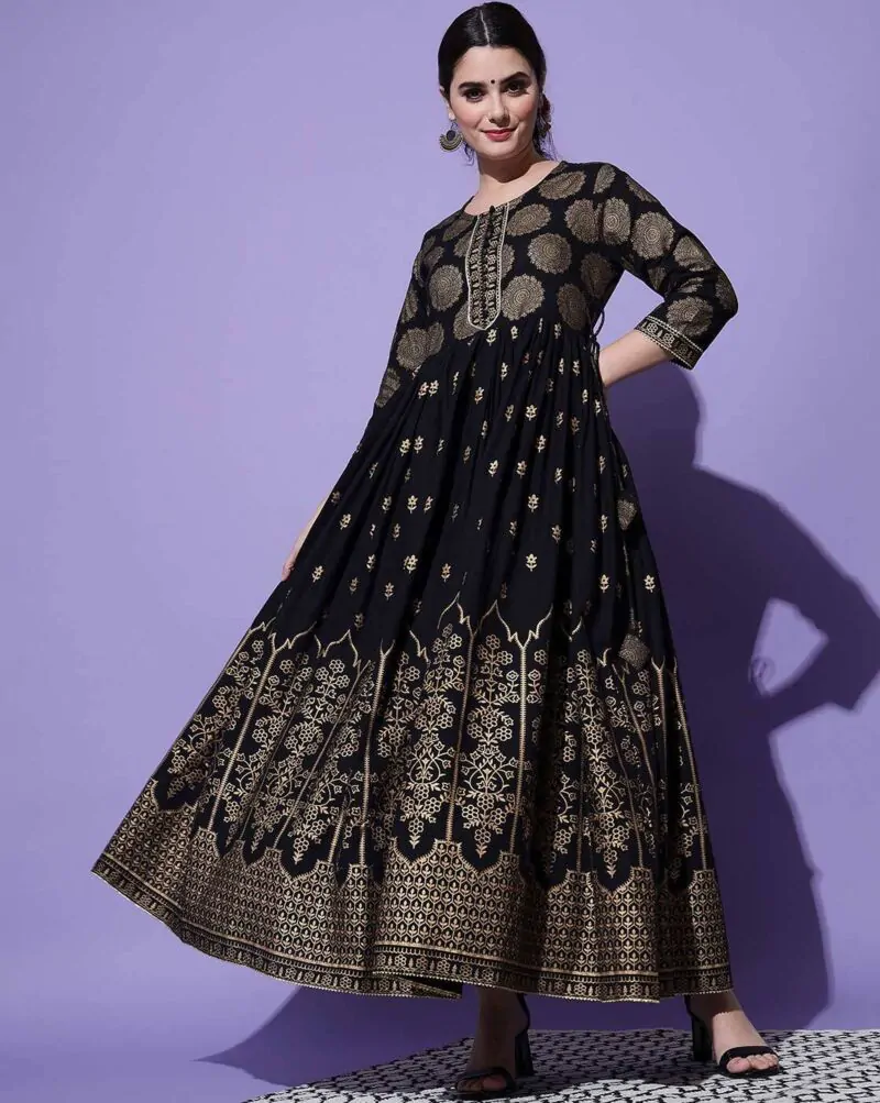 Woman Geometric Print flared Black Anarkali Kurta