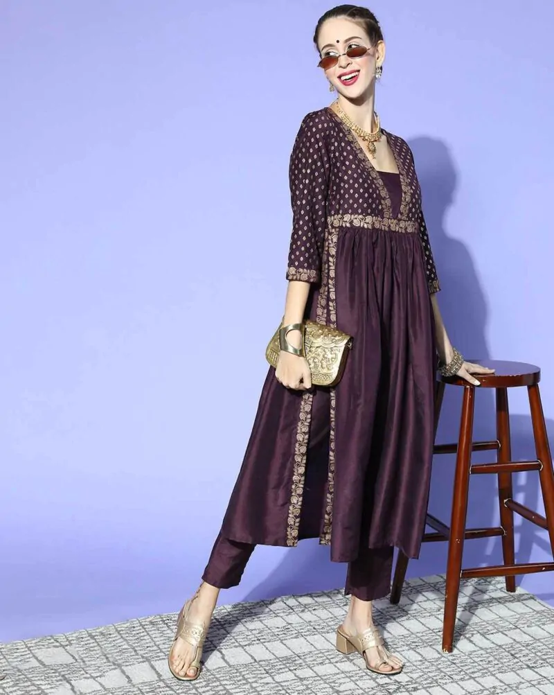 Women Floral Print Purple Flared Kurta Set