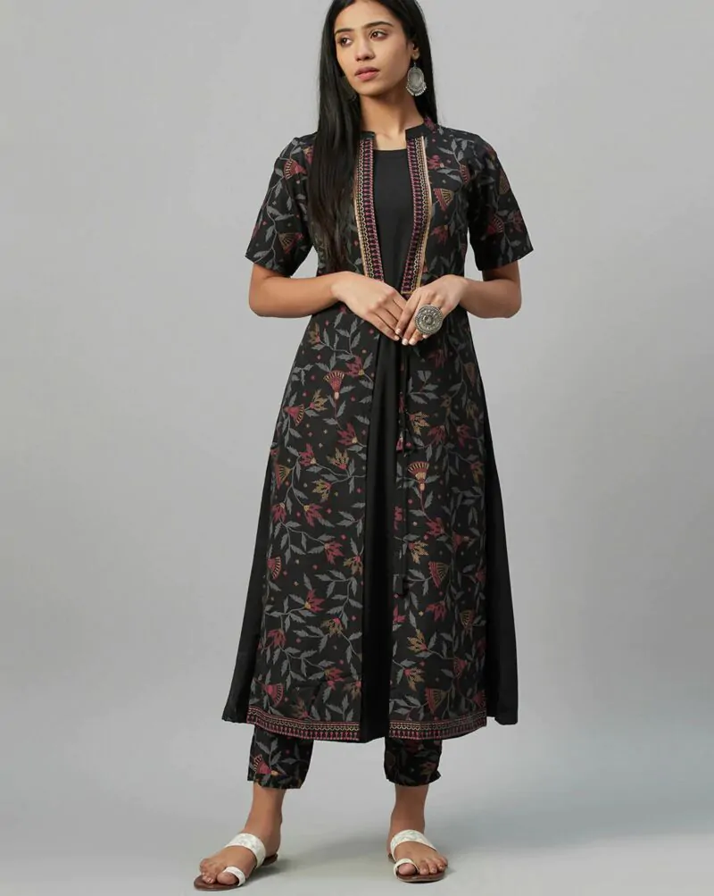 Women Printed A-line Black Kurta with Pants
