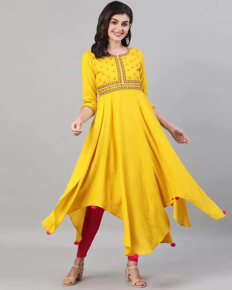 Woman Embroidered Flared Kurta with Asymmetric Hem