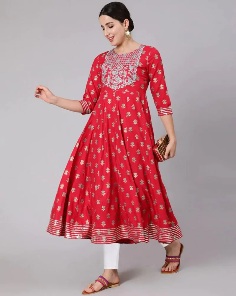 Woman Floral Print Anarkali Flared Kurta