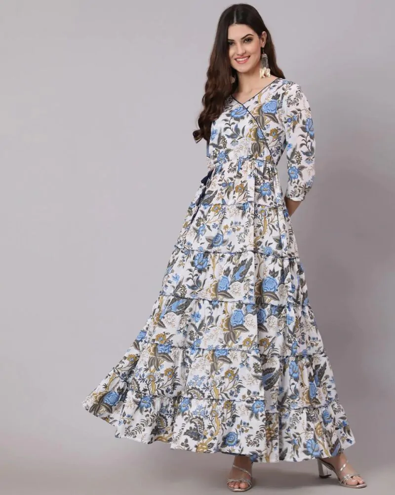 Woman Floral Print Blue Anarkali Flared Tiered  Kurta
