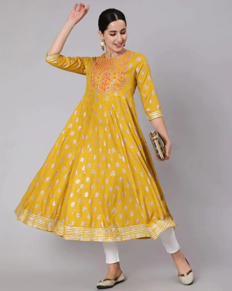 Women Floral Print Flared Anarkali Long Kurta