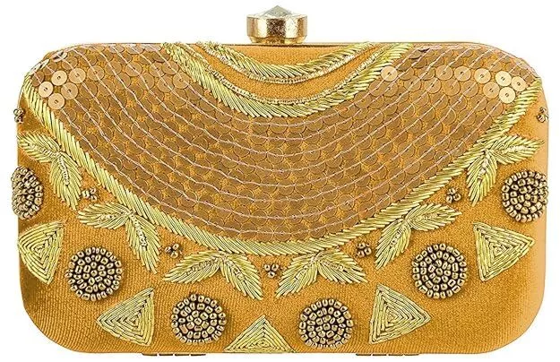 Women Embroidered Golden Box Clutch Bag Purse for Bridal