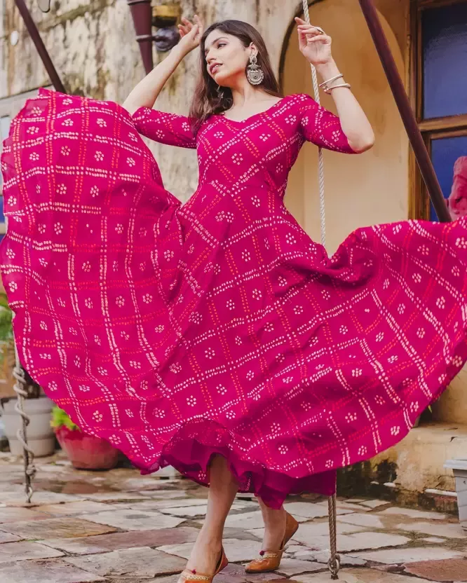 Women Printed Viscose Rayon Pink  Long Anarkali Kurta  