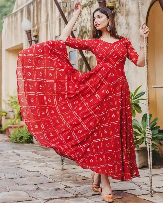 Women Printed Viscose Rayon Red Anarkali Kurta 