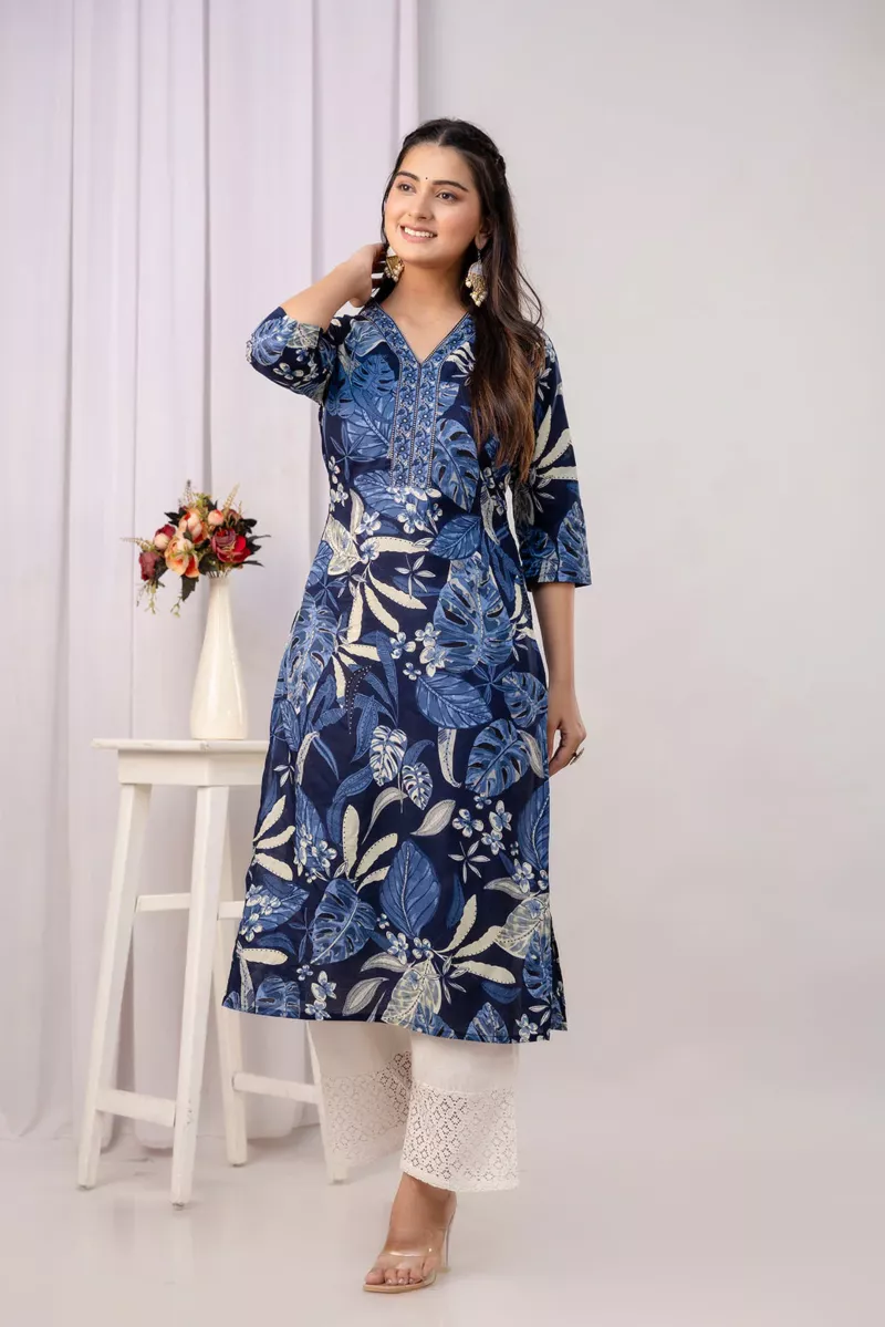 Blue Printed Straight Kurta for Girls Casual Wear