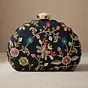 Woman Black Ethnic Floral Embroidered Clutch