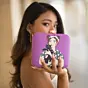Women Glam Girl and Cat Printed Clutch With Vibrant Purple Background