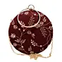 Women Maroon And Golden Embroidery Round Clutch