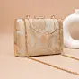 Women Champagne Ivory Gold Floral Embroidered Clutch
