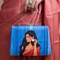 Woman Blue Based Red Saree Women Portrait Printed Clutch