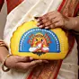 Women Yellow And Blue Durga Printed D-shape Clutch