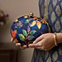 Women Blue Batik Leaves Print Oval Clutch