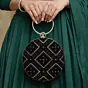Woman Black Embroidery Round Party Clutch