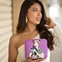 Women Glam Girl and Cat Printed Clutch With Vibrant Purple Background