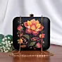 Woman Black Based Yellow And Red Floral Printed Clutch