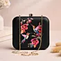 Woman Black Based Bird And Flowers Printed Clutch