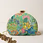 Women Green Multipattern Embroidery Moon Shaped Clutch