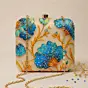 Women Printed Blue Floral Beaded Clutch with Hand Embroidery