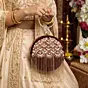 Woman Elegant Floral Pearl Handcrafted Embroidered Round Clutch