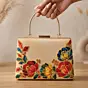 Women Printed Gold Floral Embellished Clutch with Hand Embroidery