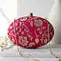 Women Magenta Pink Based Silver Floral Pattern Brocade Fabric Oval Clutch