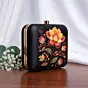 Woman Black Based Yellow And Red Floral Printed Clutch