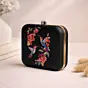 Woman Black Based Bird And Flowers Printed Clutch