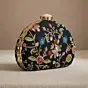 Woman Black Ethnic Floral Embroidered Clutch