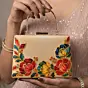 Women Printed Gold Floral Embellished Clutch with Hand Embroidery