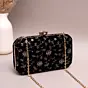 Women Black Based Golden Floral Sequins Embroidery Clutch