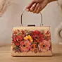 Women Printed Champagne Floral Beaded Clutch with Hand Embroidery