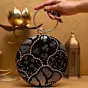 Women Black And Golden Round Embroidery Clutch