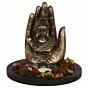 Copper Finish Handcrafted Palm Buddha Decorative Showpiece with Wooden Base