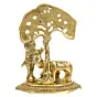 Golden Lord Krishna Idol playing Flute under Tree with Cow and Calf