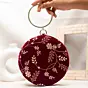 Women Maroon And Golden Embroidery Round Clutch