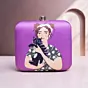 Women Glam Girl and Cat Printed Clutch With Vibrant Purple Background