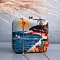 Woman Blue Based Beach Scene Printed Clutch