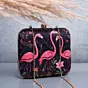 Woman Black Based Pink Flamingo Printed Clutch