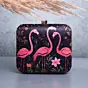 Woman Black Based Pink Flamingo Printed Clutch