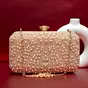 Women Peach Stripe Pearl Beaded Evening Clutch