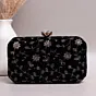 Women Black Based Golden Floral Sequins Embroidery Clutch