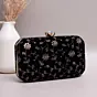 Women Black Based Golden Floral Sequins Embroidery Clutch
