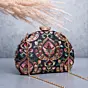 Woman Black Based Multicolored Threadwork Pattern Embroidery Clutch