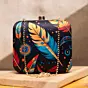Women Black Based Feather Printed Clutch
